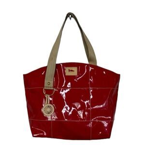 Salvatore Ferragamo Red Beige Patent Leather Tote with Keychain # AU 21 7480
